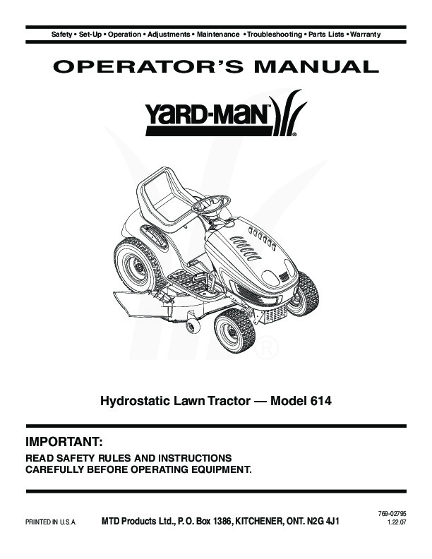 MTD Yard Man 614 Hydrostatic Tractor Lawn Mower Owners Manual