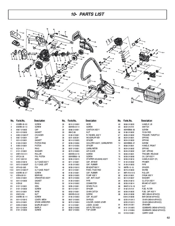 McCulloch MS4018PAVCC Chainsaw Service Parts List