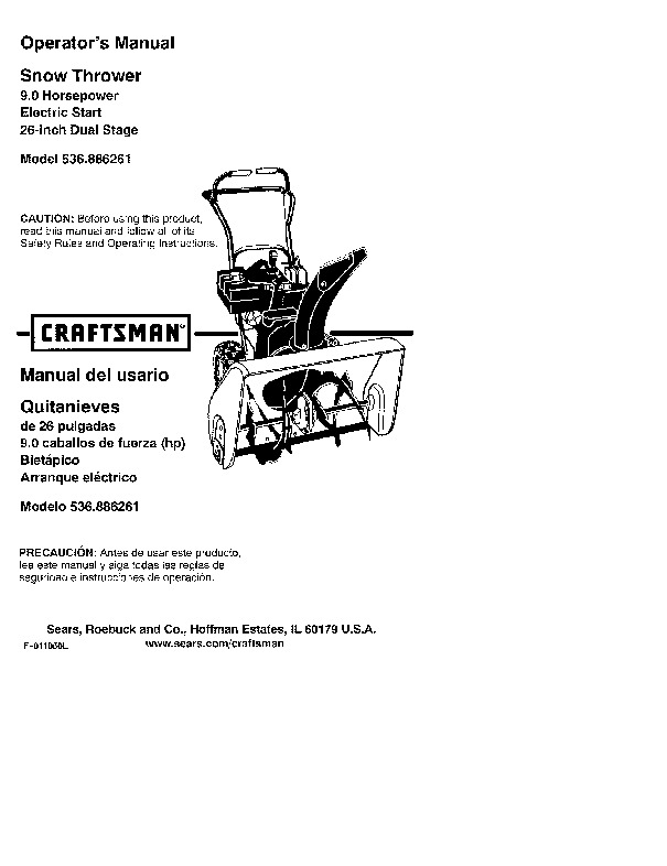 Craftsman 536.886261 26Inch Snow Blower Owners Manual