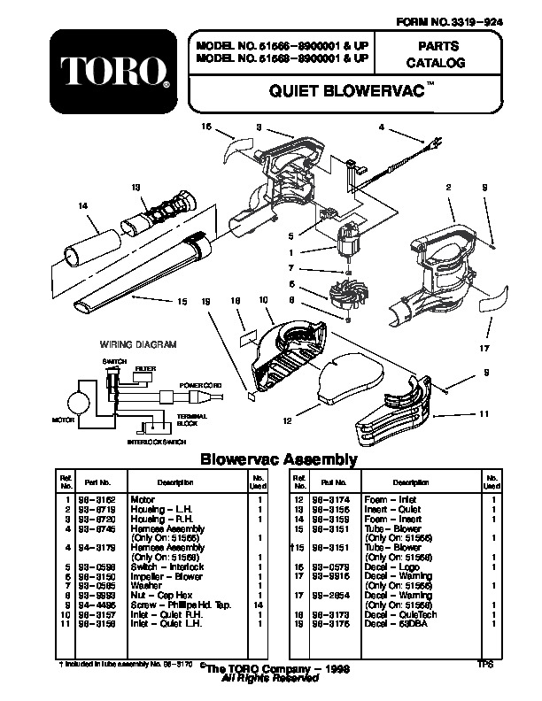 Toro 51566 Quiet Blower Vac Parts Catalog  1999 Page 1