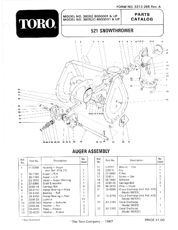 Toro 38052 521 Snowblower Parts Catalog, 1988