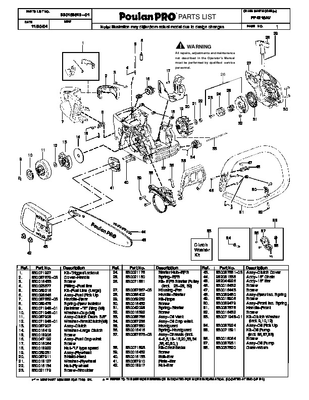 Poulan Pro PP4218AV Chainsaw Parts List