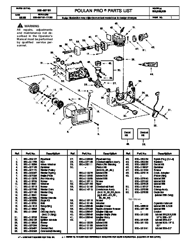 Poulan Pro 285 305 335 Chainsaw Parts List