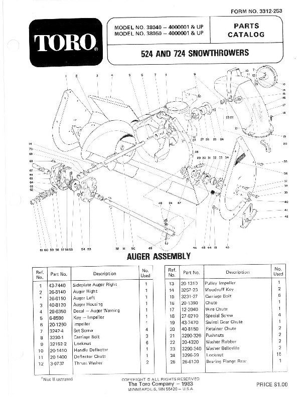 Toro 38050 724 Snowblower Manual, 1984