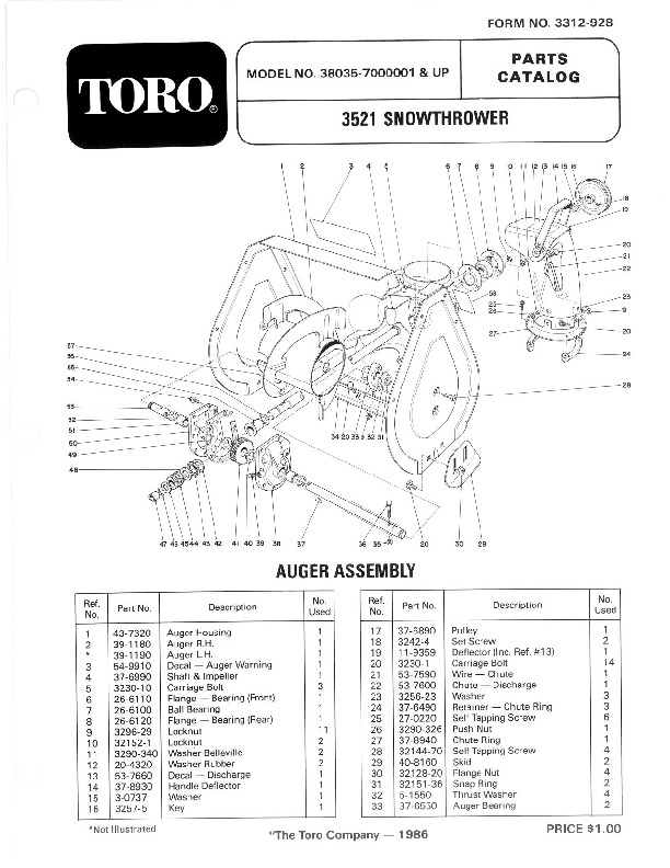 Toro 38035 3521 Snowblower Manual, 1987