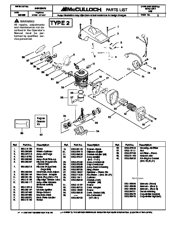 McCulloch Mac Cat 440 Chainsaw Service Parts List